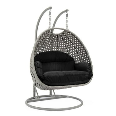LeisureMod Mendoza Light Gray Wicker Hanging 2 Person Egg Swing Chair with Stand & Black Cushions