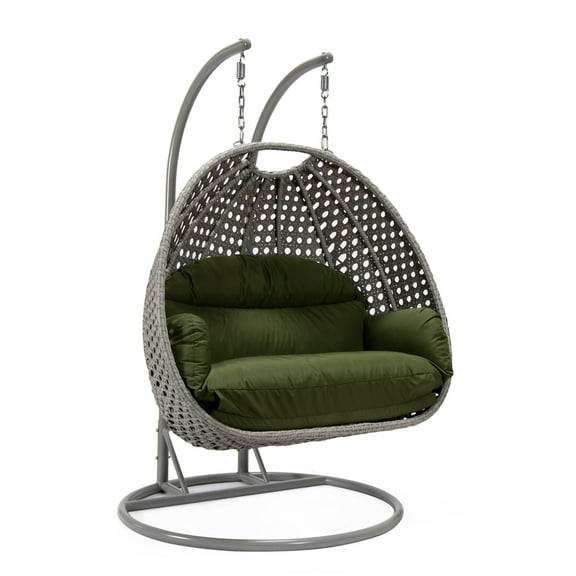 LeisureMod Mendoza Light Gray Wicker Patio Double Swing Chair in Dark Green