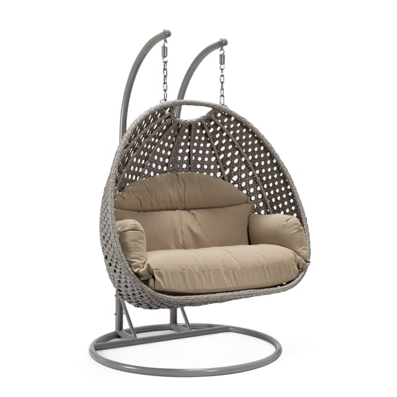 LeisureMod Mendoza Light Gray Wicker Patio Double Swing Chair in Taupe