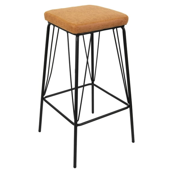 LeisureMod Bar Stool Upholstered in Leather with Powder-Coated Iron Frame and Open-Wire Base Design for Modern Home, Kitchen, Bars Millard Collection, Light Brown