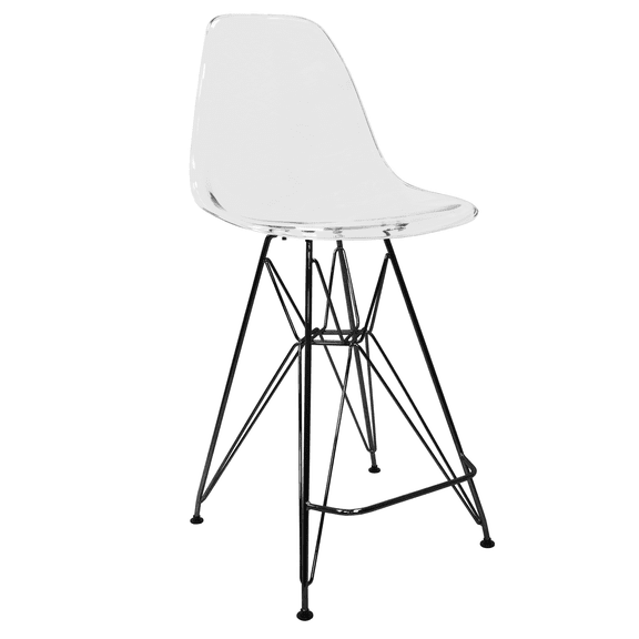 LeisureMod Minimalist Barstool Modern Acrylic Counter Height Bar Stool with Black Steel Base for Kitchen, Dining Room Cresco Series in Clear