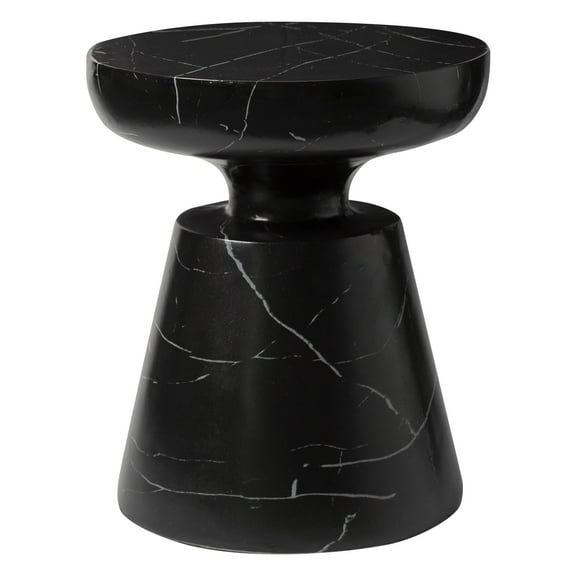 LeisureMod Minimalist Modern Side Table Round Fiberstone Tabletop Pedestal Base, Accent Table for Home Patio Living Room Weather-Resistant, Marbled Black