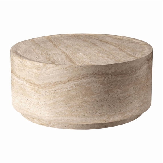 LeisureMod Minimalist Side Table Assembled 36" Round Modern Fiberstone Top Accent Table for Outdoor, Home, Living Room Terra Series in Travertine