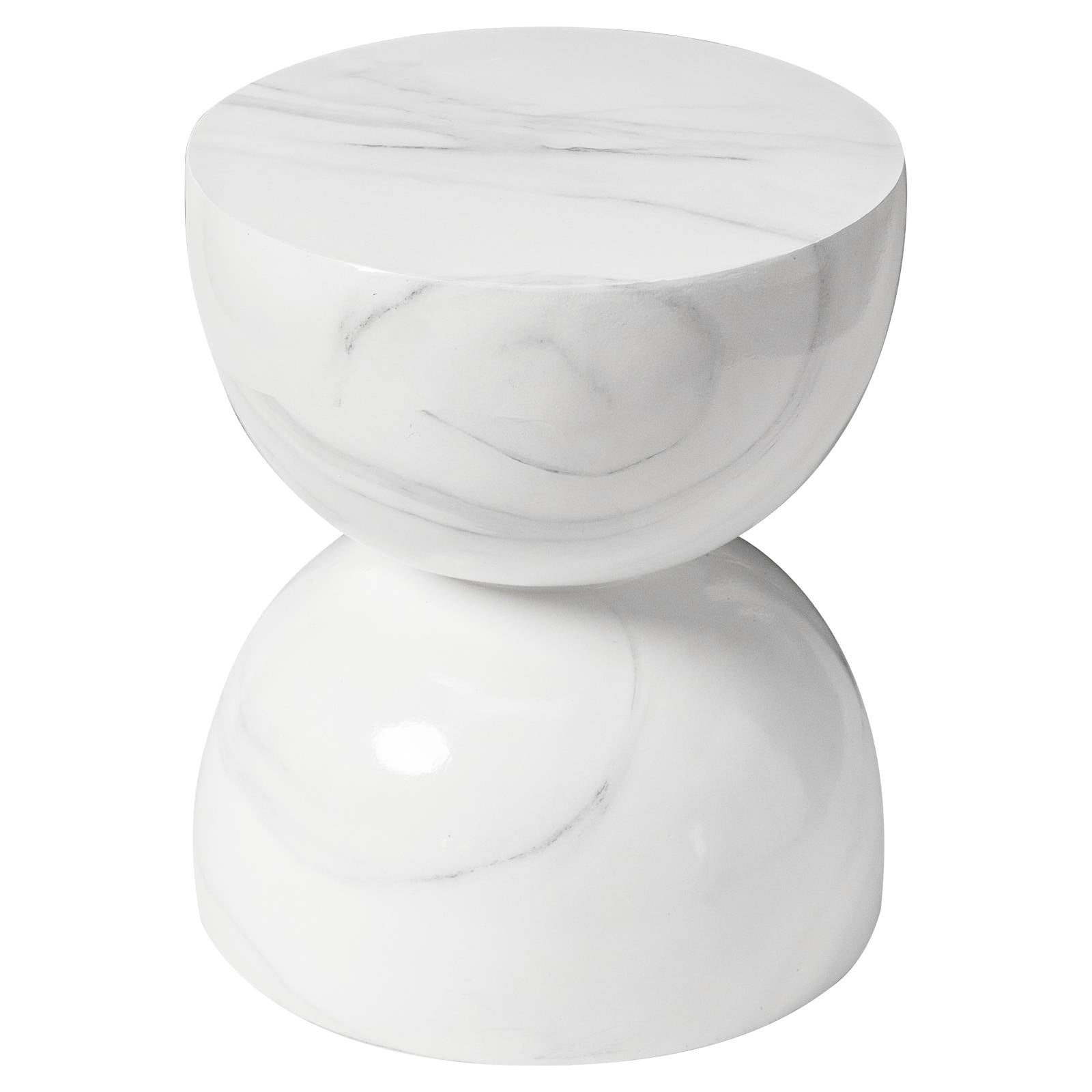 LeisureMod Minimalist Side Table, Fiber stone Round Hourglass Accent End Table Stool for Outdoor Patio, Indoor Home, Living Room Sofa, Weather-Resistant, Sage Series in Marbled White