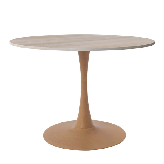 LeisureMod Modern 35" Round Dining Table with MDF Top and Wood Transfer Steel Pedestal Base in Natural Finish