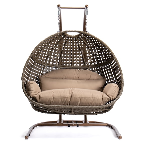 LeisureMod Modern Beige Wicker Double 2-Person Hanging Egg Swing Chair in Brown