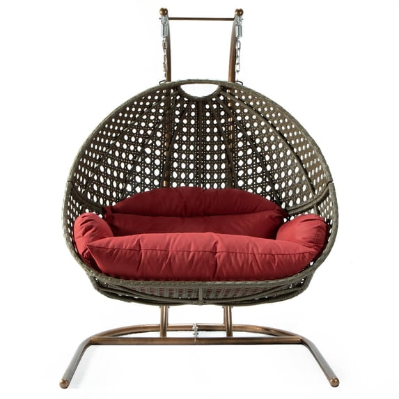 LeisureMod Modern Beige Wicker Double 2-Person Hanging Egg Swing Chair in Dark Red