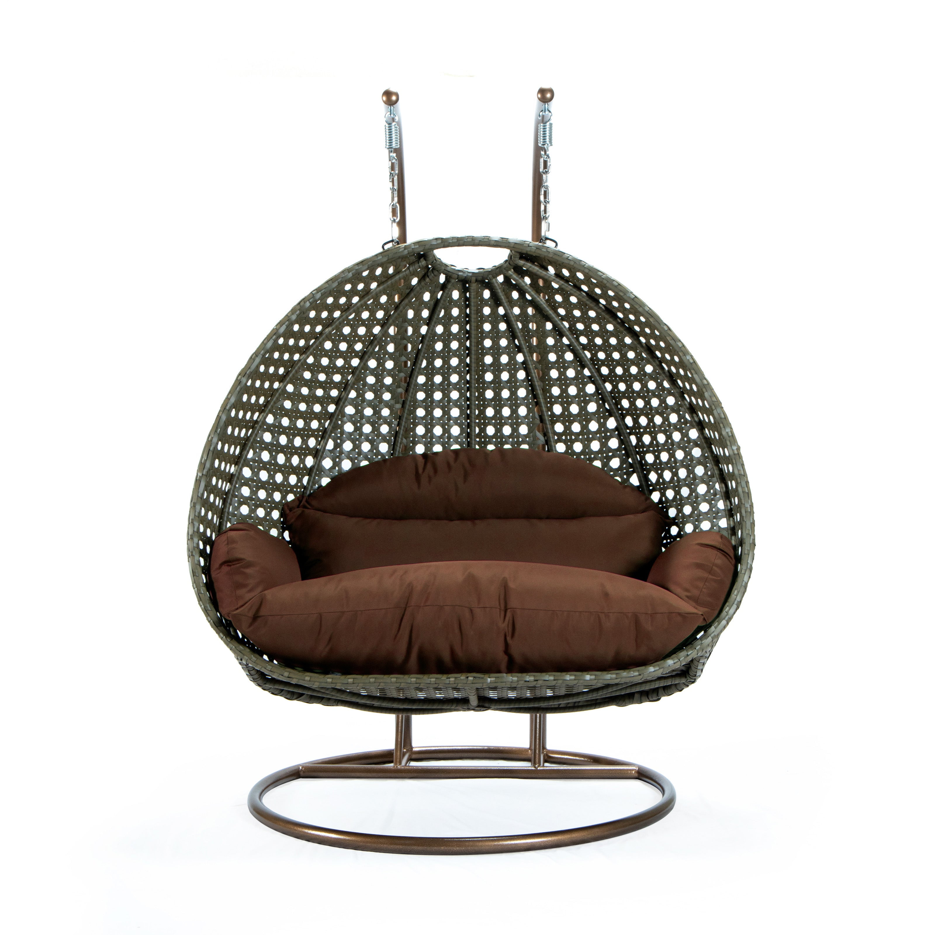 Brown Wicker 2-Person Hanging Egg Chair with Cushions