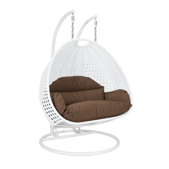 LeisureMod Modern Beige Wicker Hanging Double Seater Egg Swing Chair with Cushion, Brown - Indoor/Outdoor Patio Swing