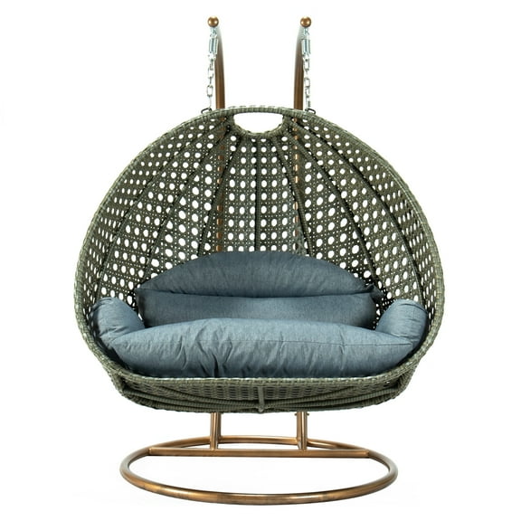 LeisureMod 2-Person Hanging Wicker Egg Chair with Stand, Indoor/Outdoor Patio Swing Hammock Lounge with UV-Resistant Beige Cushions, Blue