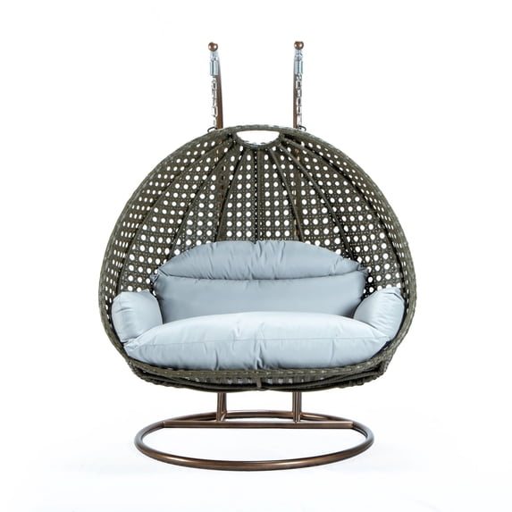 LeisureMod 2-Person Hanging Wicker Egg Chair with Stand, Indoor/Outdoor Patio Swing Hammock Lounge with UV-Resistant Beige Cushions, Light Grey