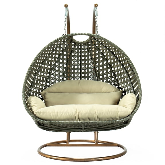 LeisureMod 2-Person Hanging Wicker Egg Chair with Stand, Indoor/Outdoor Patio Swing Hammock Lounge with UV-Resistant Beige Cushions, Taupe