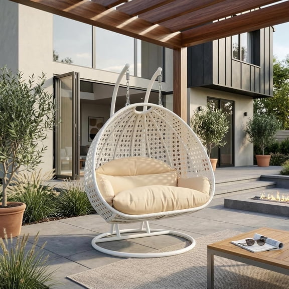 LeisureMod Modern Beige Wicker Hanging Double Seater Egg Swing Chair with Cushion, Taupe - Indoor/Outdoor Patio Swing