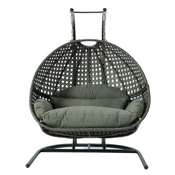 LeisureMod Modern Charcoal Wicker Double 2-Person Hanging Egg Swing Chair in Dark Gray