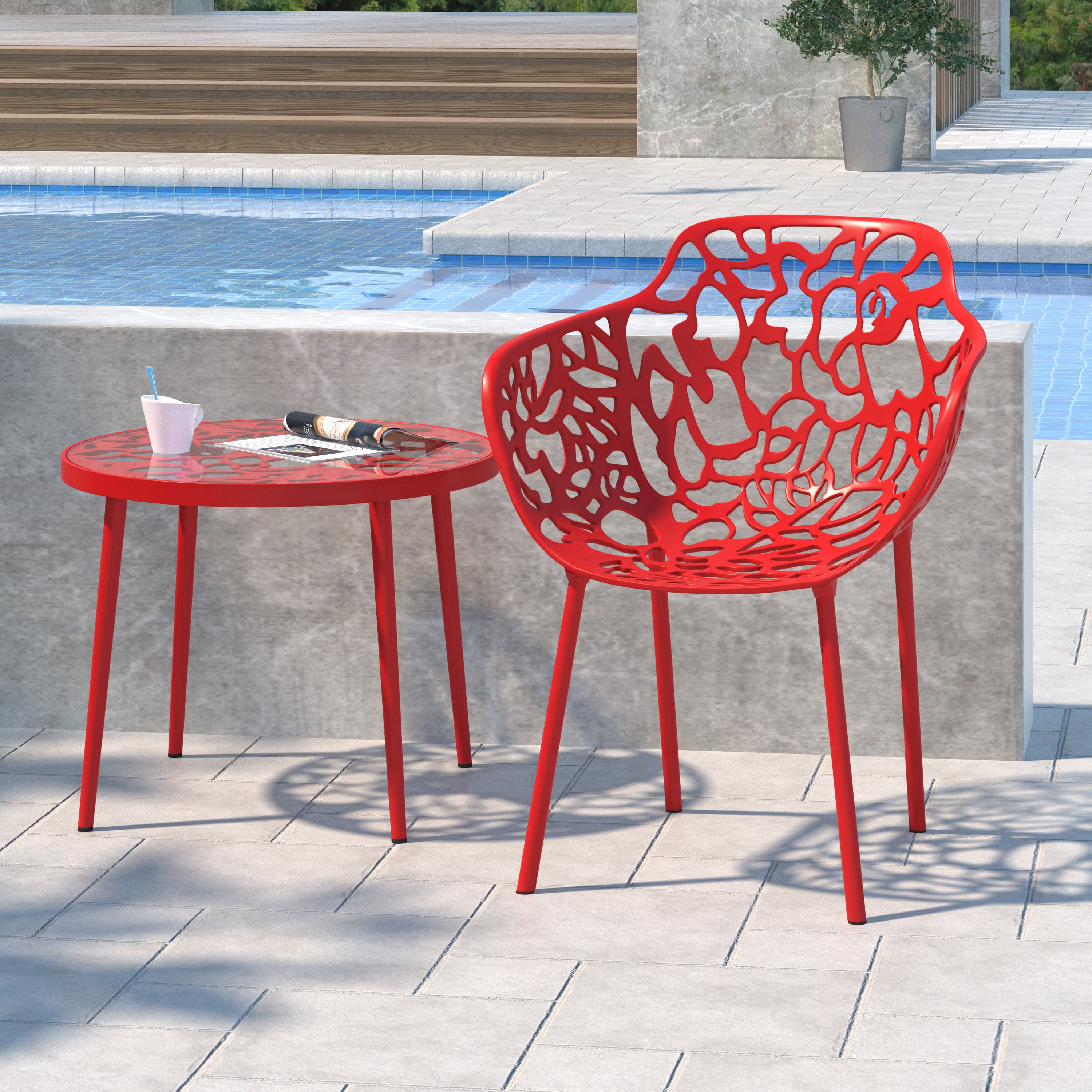 Devon Red Aluminum Outdoor Flower Design Dining Chair