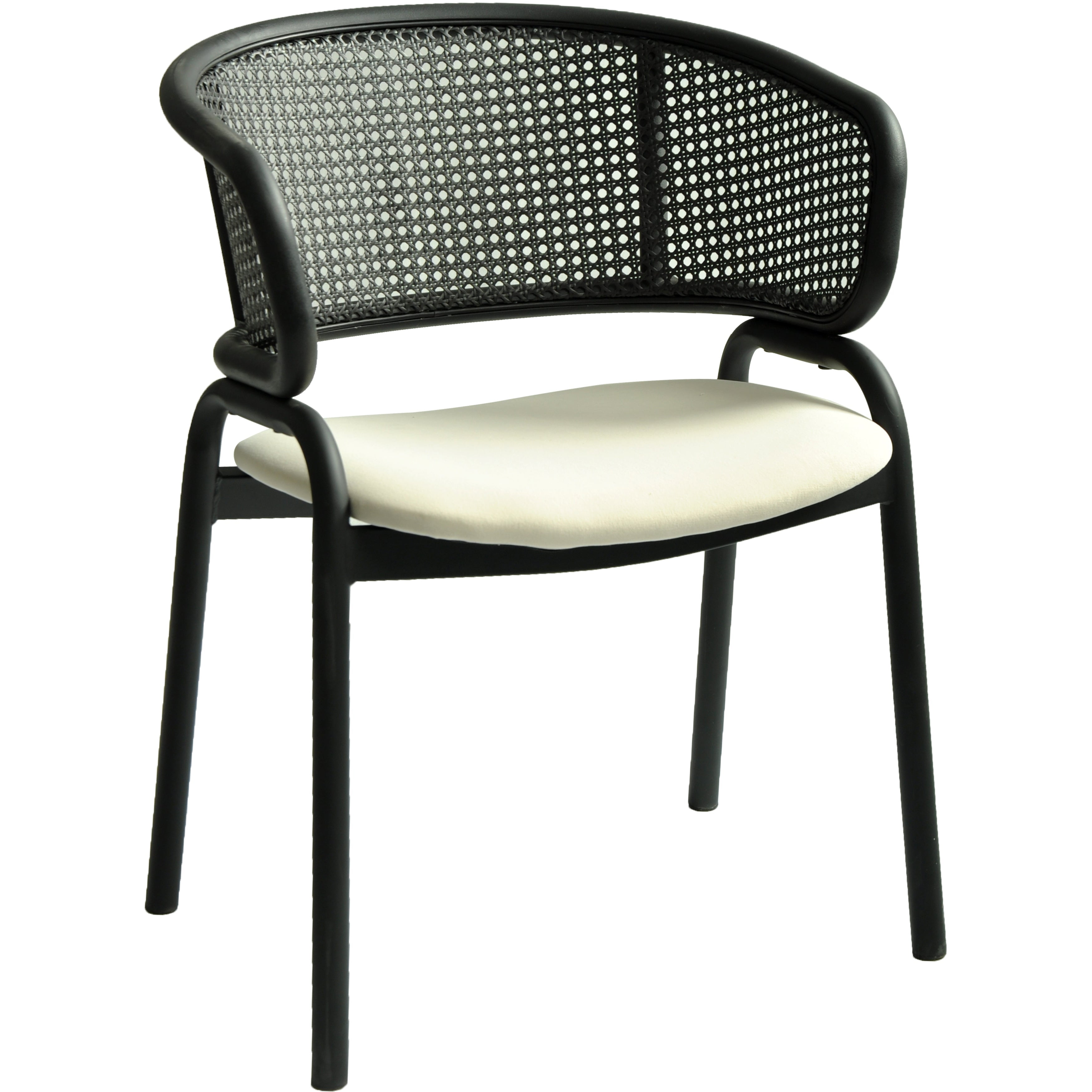 Modern Black Metal and Cane Arm Chair with Beige Upholstered Seat