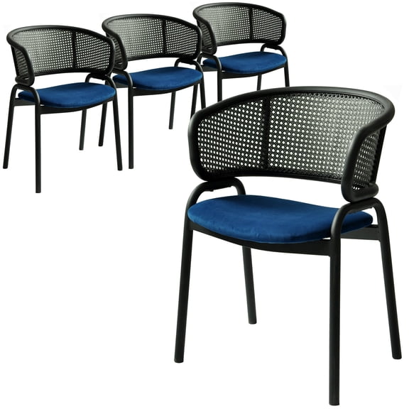 LeisureMod Modern Dining Chair Upholstered Accent Side Chair with Cozy Armchair and Iron Legs for Dining Room or Kitchen Ervilla Series Set of 4 in Navy Blue