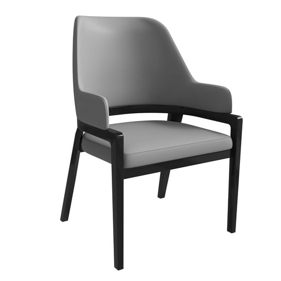 LeisureMod Modern Dining Chair Upholstered in Leather with Curved Open Back and Rubberwood Legs Contemporary Kitchen Armchair Ethora Collection in Grey