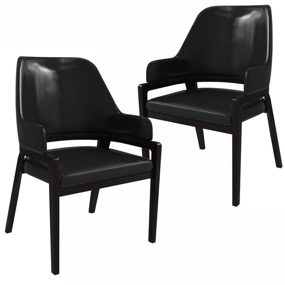 LeisureMod Modern Dining Chair Upholstered in Leather with Curved Open Back and Rubberwood Legs Contemporary Kitchen Armchair Ethora Collection Set of 2 in Black