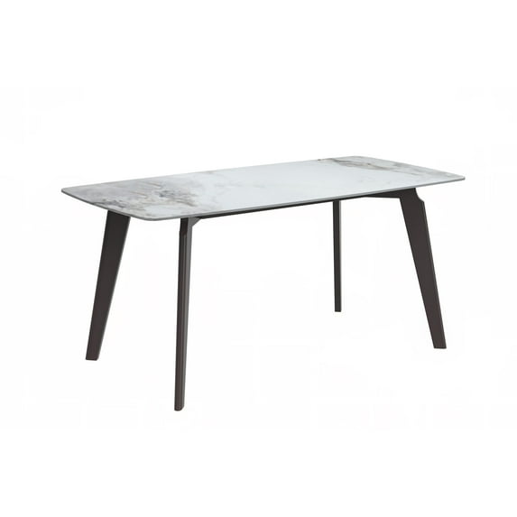 LeisureMod Modern Dining Table with 62" Rectangular Sintered Stone or Glass Wide Tabletop and Steel Legs Seats 6-8 People for Home, Kitchen, or Dining Room Krevor Series in Medium Grey