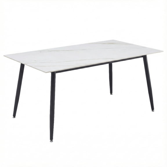 LeisureMod Zayle Modern Dining Table with a Sintered Stone Rectangular Wide Tabletop and Steel Base for Kitchen and Living Room (White/Gold, 71" Wide)