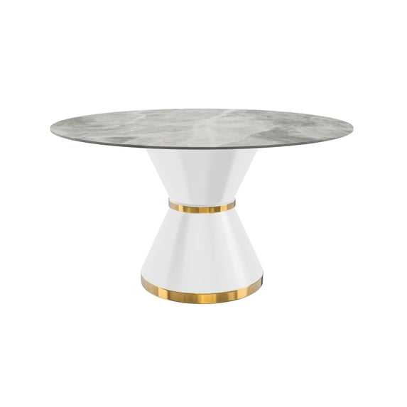 LeisureMod Modern Dining Table with a Round Sintered Stone Tabletop in White Steel Seats 6-10 for Dining Room, Kitchen in Light Grey