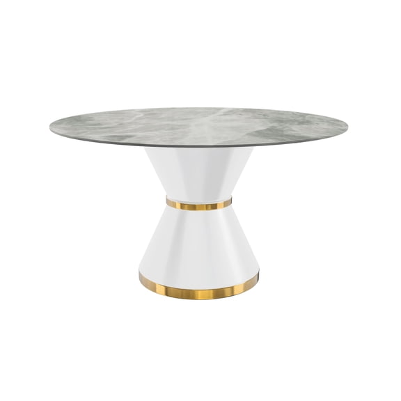 LeisureMod Modern Dining Table with a Round Sintered Stone Tabletop in White Steel Seats 6-10 for Dining Room, Kitchen in Light Grey