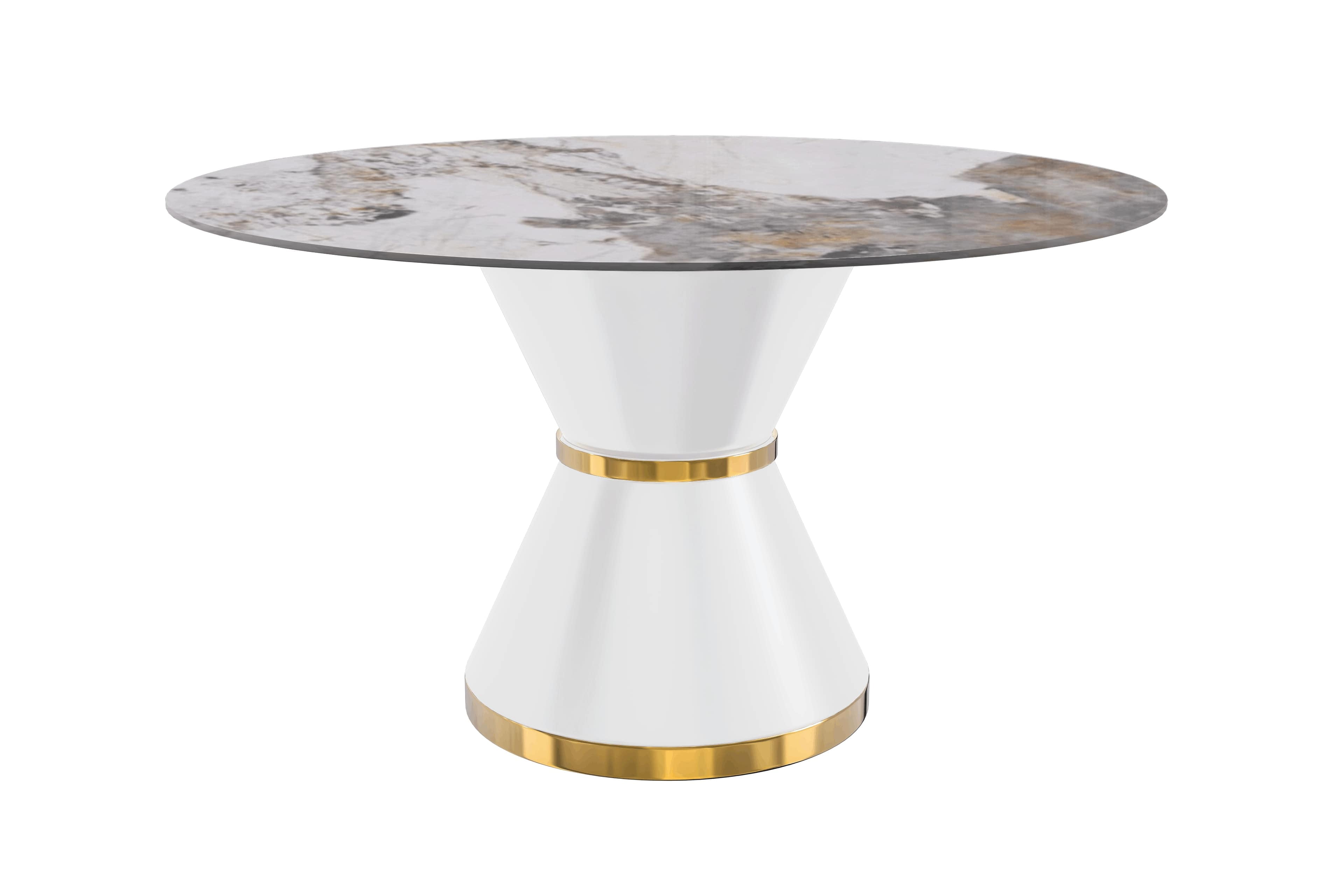 Modern Round White and Gold Dining Table with Glass Top for Six