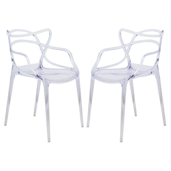 LeisureMod Twain Mid Century Modern Plastic Accent Dining Armchair with Elegant Wire Design, Stackable Plastic Chair for Indoor/Outdoor Use Set of 2 (Clear)