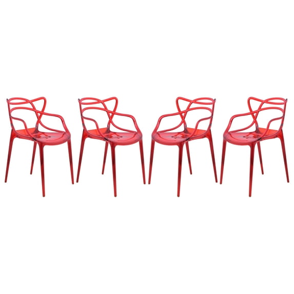 LeisureMod Twain Mid Century Modern Plastic Accent Dining Armchair with Elegant Wire Design, Stackable Plastic Chair for Indoor/Outdoor Use Set of 4 (Red)