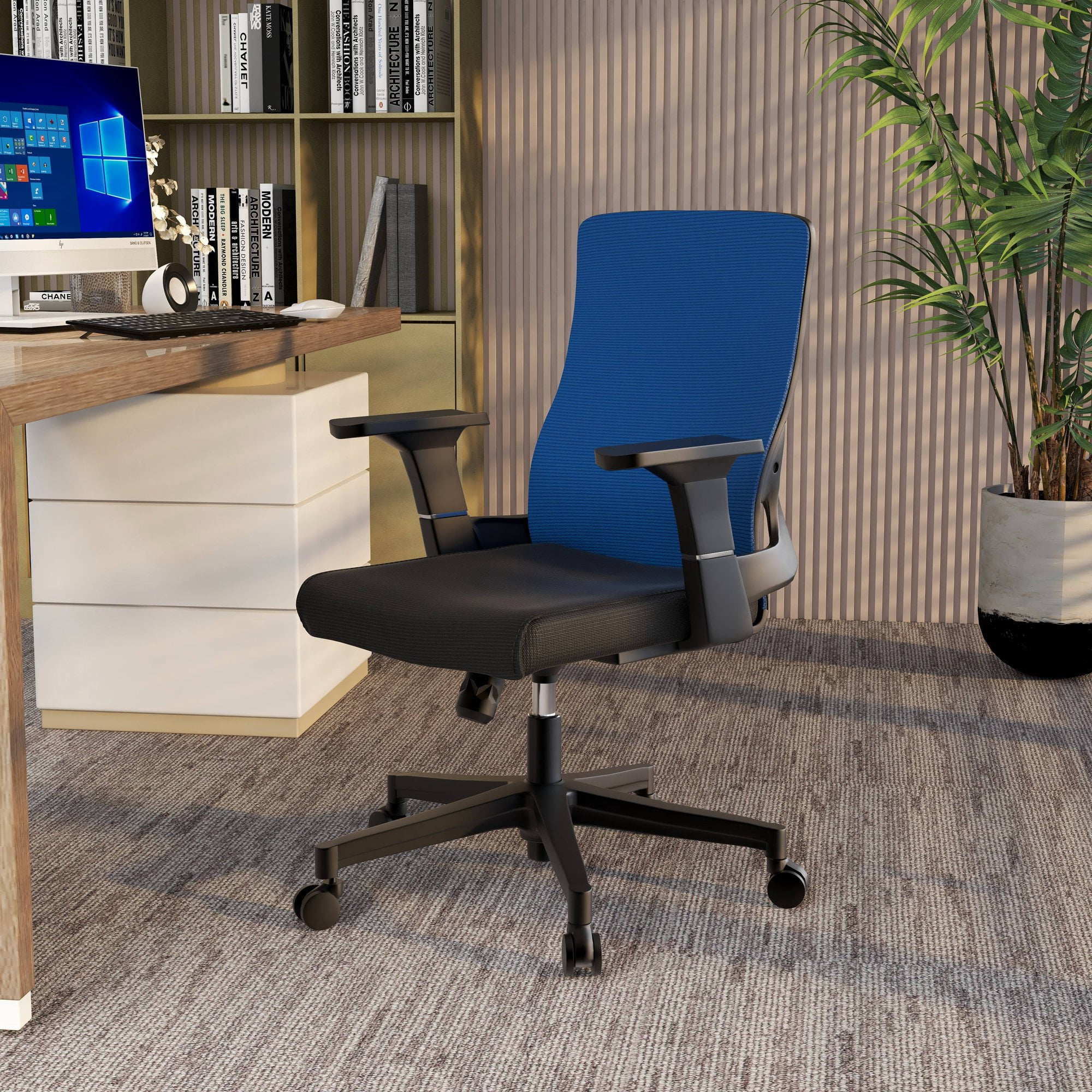 LeisureMod Brio Modern Office Chair Ergonomic Lumbar Support Computer Chair Adjustable Desk Chair with 360 Degree Swivel and Tilt in Blue