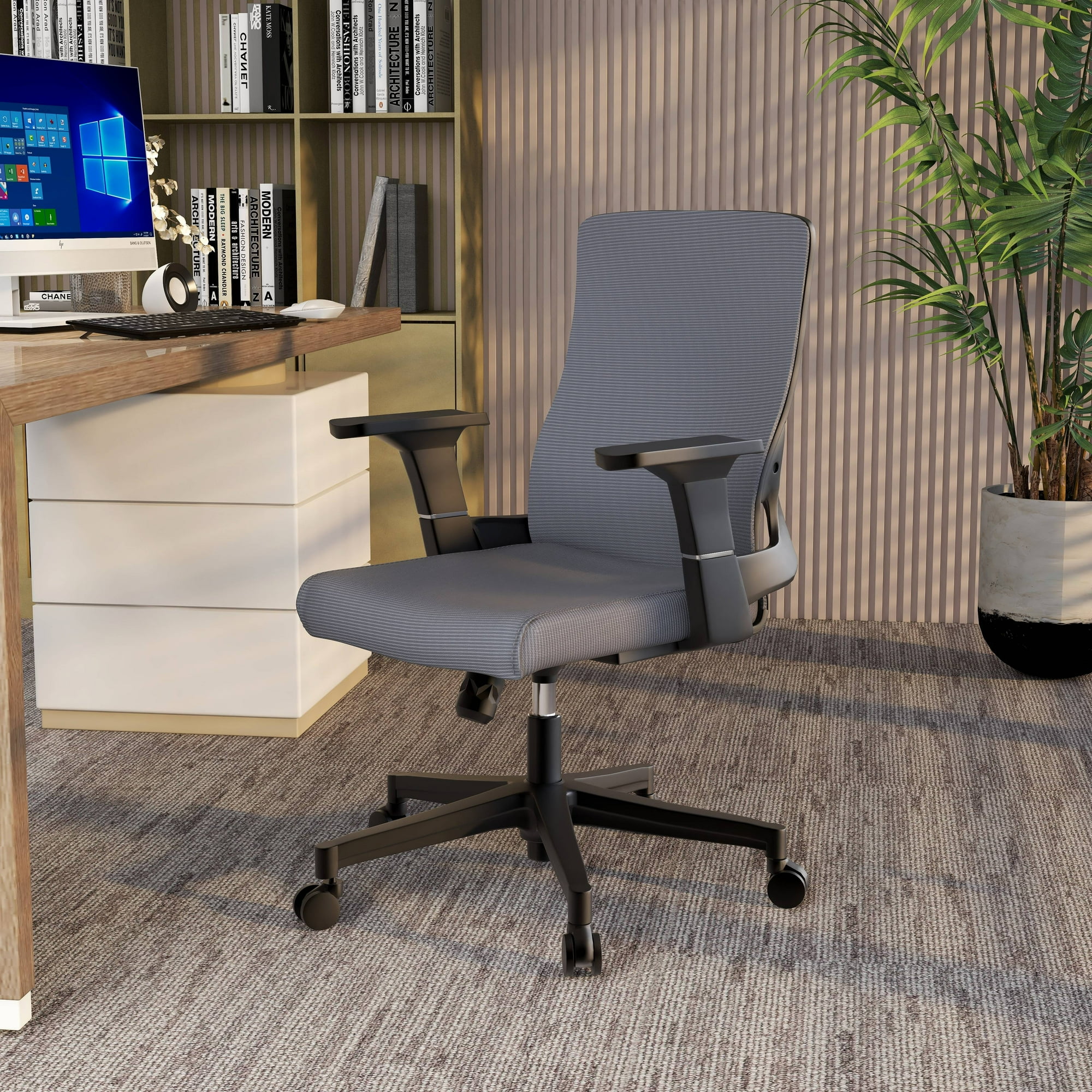LeisureMod Brio Modern Office Chair Ergonomic Lumbar Support Computer Chair Adjustable Desk Chair with 360 Degree Swivel and Tilt in Grey