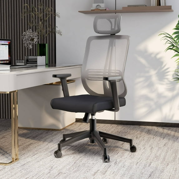 LeisureMod Modern Office Chair in Upholstered Cotton Fabric Foam Filled Seat with Mesh Back and Headrest Adjustable Height 360 Degree Swivel and Tilt Nift Series in White