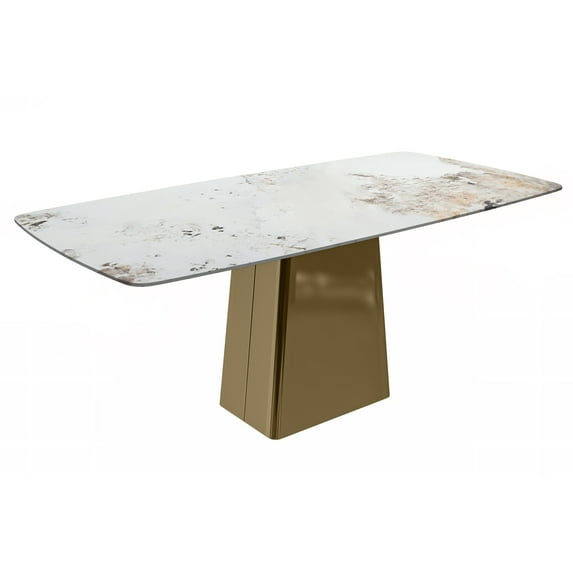 LeisureMod Modern Quinix 71" Rectangular Dining Table for 4 to 8 People with Sintered Stone Top and Gold Stainless Steel Base in White Grey