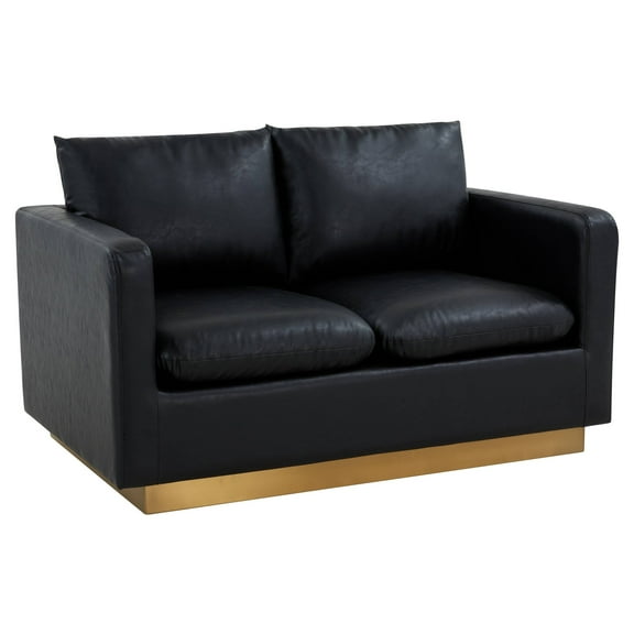 LeisureMod Nervo Loveseat 2-seater Modern Sofa With Leather Gold Accent Base Wooden Frame Removable Cushions for Office Lounge Living Room Black