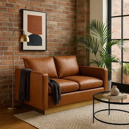 LeisureMod Loveseat Upholstered in Leather with Brushed Gold Stainless Steel Base and Removable Cushions for Modern Home, Living Room, Offices Nervo Collection in Cognac Tan