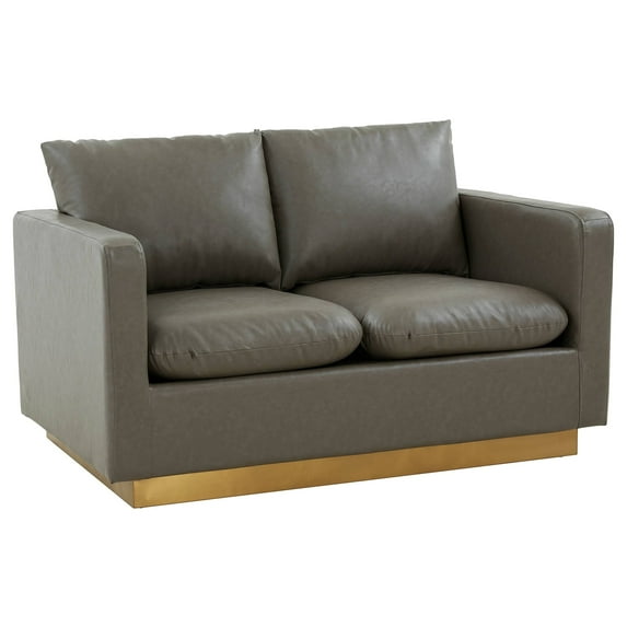 LeisureMod Loveseat Upholstered in Leather with Brushed Gold Stainless Steel Base and Removable Cushions for Modern Home, Living Room, Offices Nervo Collection in Grey
