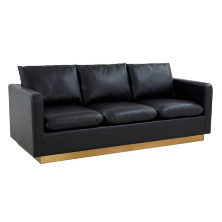 LeisureMod Nervo Modern Leather Upholstered Sofa With Gold Frame in Black