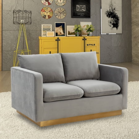 LeisureMod Loveseat Upholstered in Velvet with Brushed Gold Stainless Steel Base and Removable Cushions for Modern Home, Living Room, Offices Nervo Collection in Light Grey