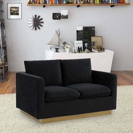 LeisureMod Loveseat Upholstered in Velvet with Brushed Gold Stainless Steel Base and Removable Cushions for Modern Home, Living Room, Offices Nervo Collection in Midnight Black