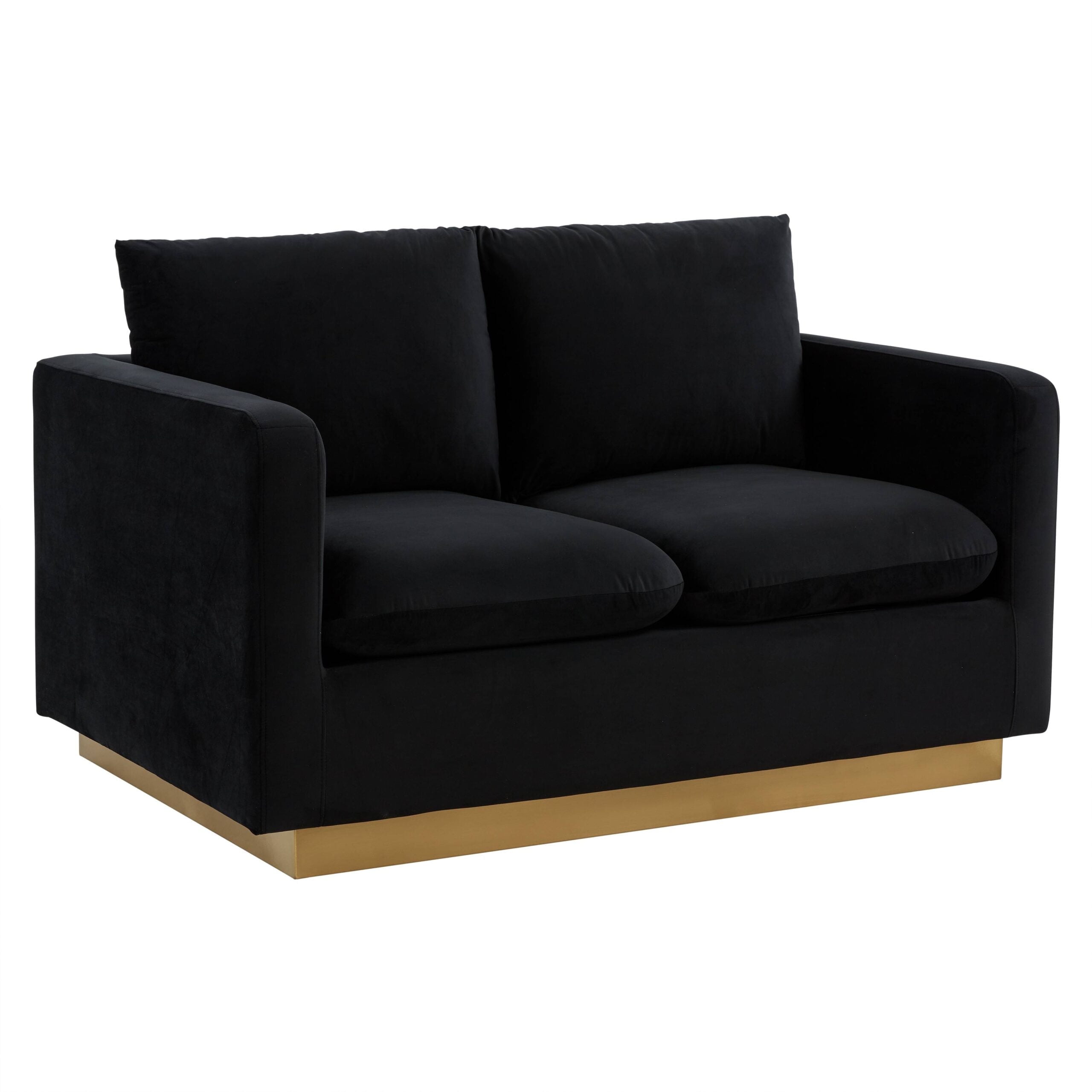 Midnight Black Velvet Track Arm Loveseat with Wood Frame
