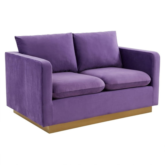 LeisureMod Loveseat Upholstered in Velvet with Brushed Gold Stainless Steel Base and Removable Cushions for Modern Home, Living Room, Offices Nervo Collection in Purple