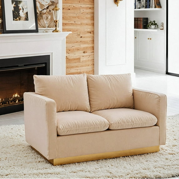 LeisureMod Loveseat Upholstered in Velvet with Brushed Gold Stainless Steel Base and Removable Cushions for Modern Home, Living Room, Offices Nervo Collection in Beige