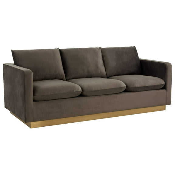 LeisureMod Nervo Modern Velvet Upholstered Sofa With Gold Frame in Dark Grey