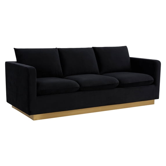 LeisureMod Nervo Modern Velvet Upholstered Sofa With Gold Frame in Midnight Black