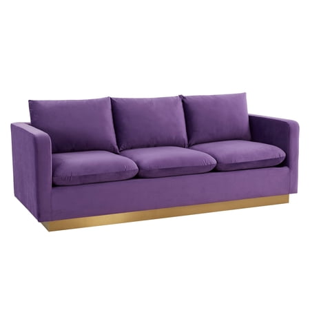 LeisureMod Nervo Modern Velvet Upholstered Sofa With Gold Frame in Purple
