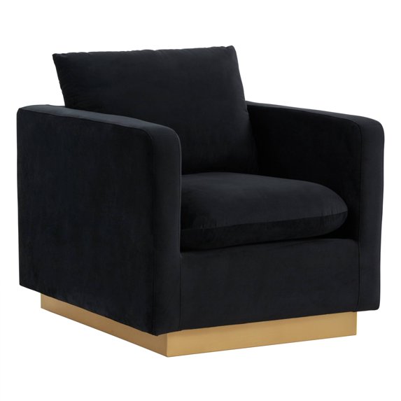 LeisureMod Nervo Velvet Accent Arm Chair With Gold Base In Midnight Black