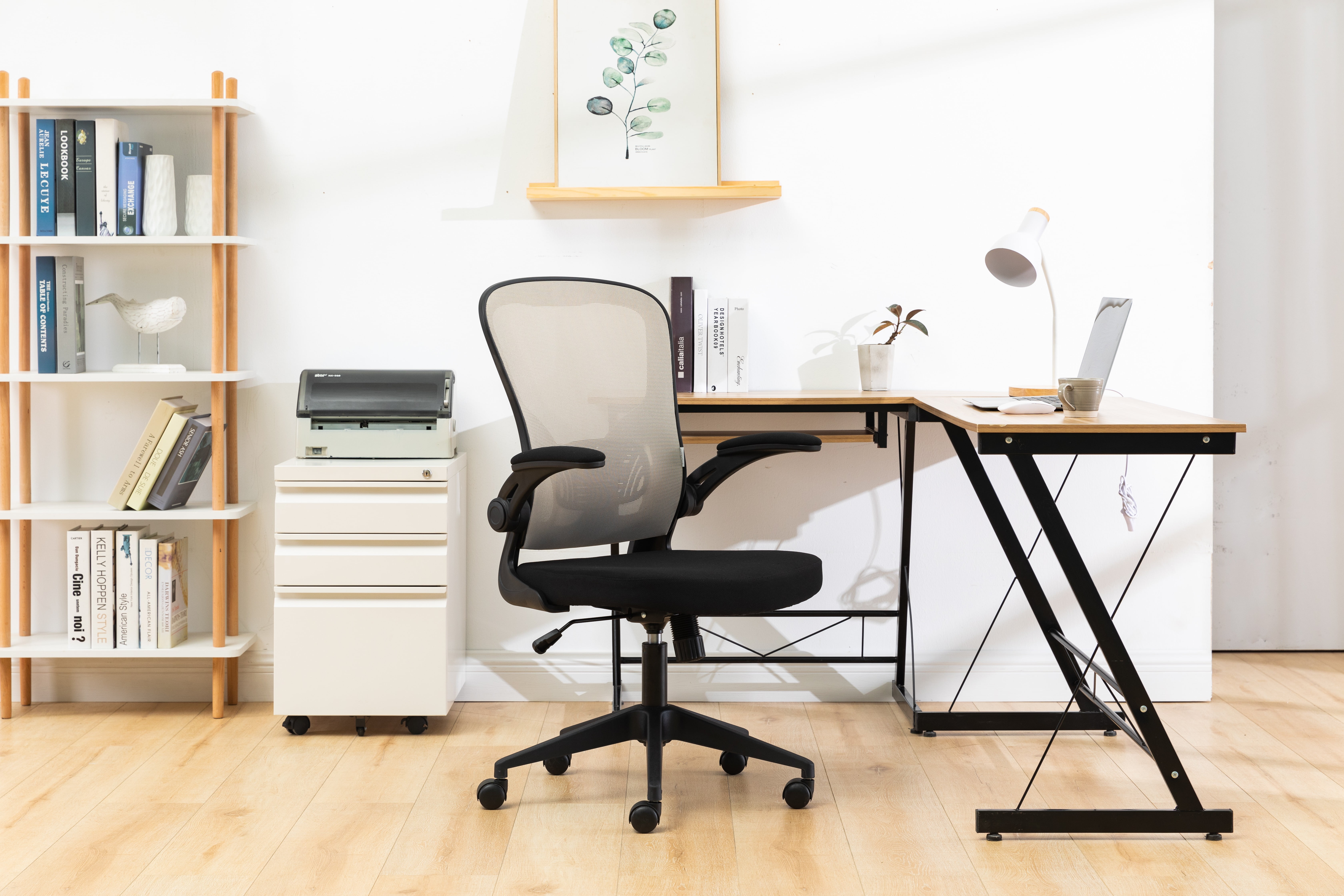 Newton Beige Mesh Adjustable Swivel Office Chair with Flip-Up Arms