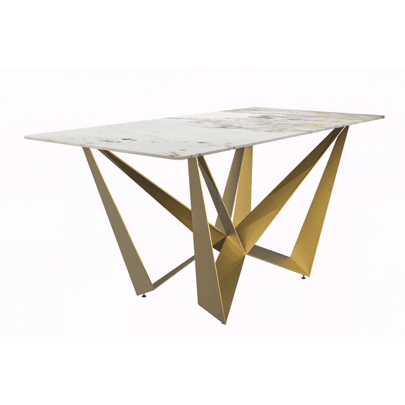 LeisureMod Nuvor Modern Dining Table with a 55" Rectangular Top and Gold Steel Base for Kitchen and Dining Room, White Grey