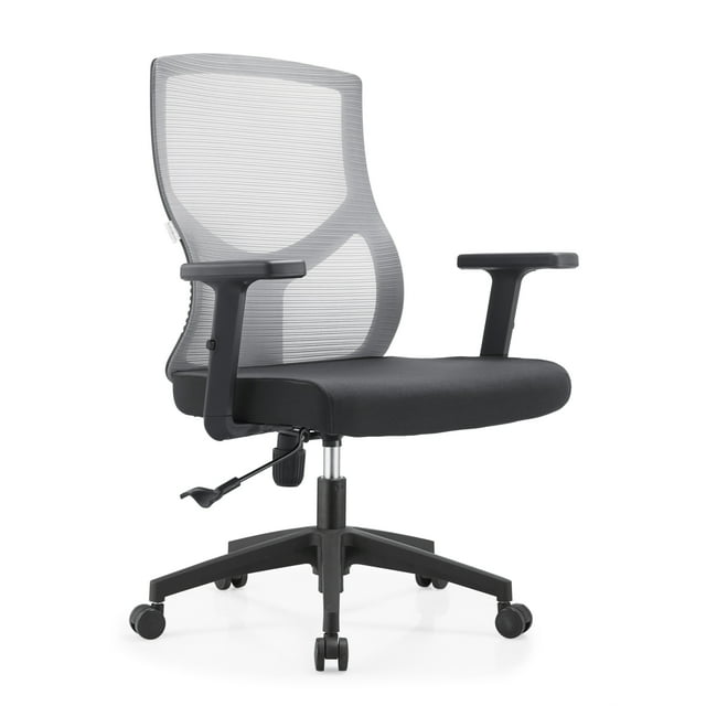 LeisureMod Office Chair Upholstered Cotton Ergonomic Computer Chair Mid-Back Mesh Task Chair Adjustable Lumbar Support Conference Chair with Swivel and Tilt Glen Series in Light Grey